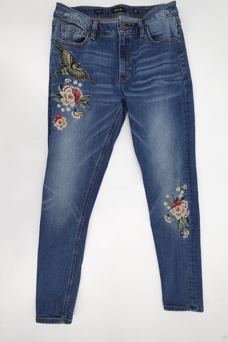 Miss Me Jeans Womens 29 Blue Skinny Floral Bird Embroidered Stretch Hummingbird